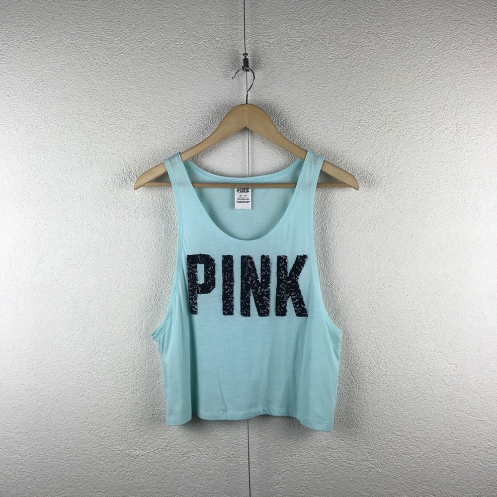 Victoria’s Secret l XS PINK Aqua Cotton Logo Black Sequins Cropped Tank Top